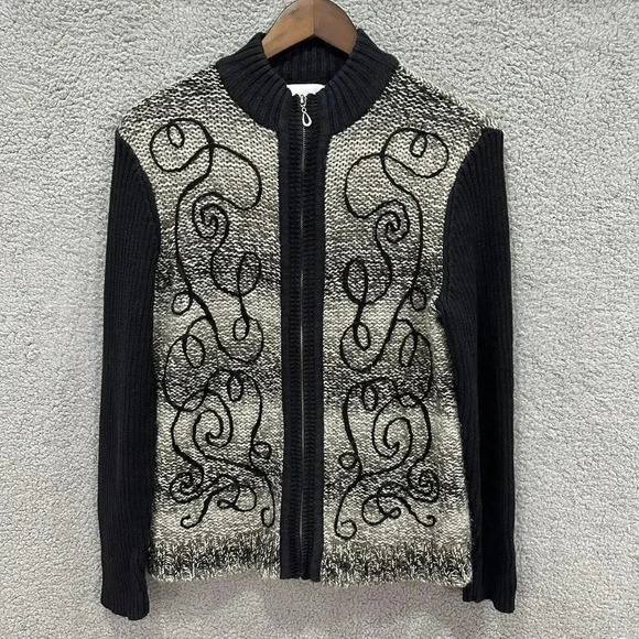 Breckenridge‎ womens sweater Medium black embroidered wool blend full zipper - Picture 1 of 7